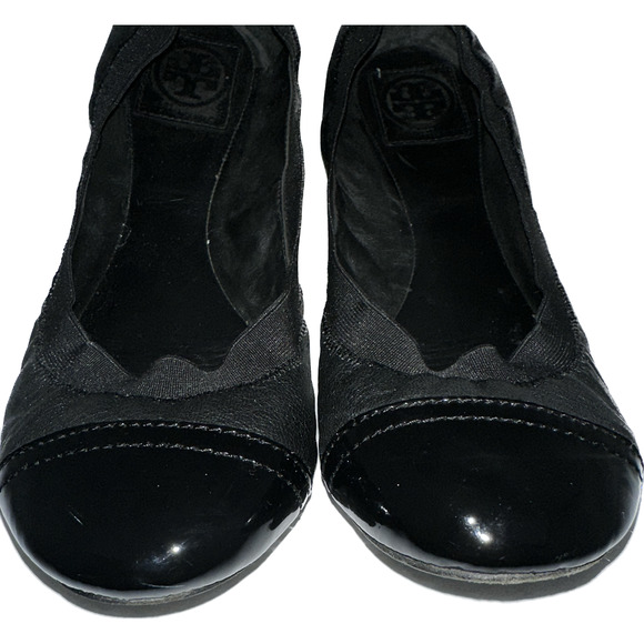 Tory Burch Black Leather‎ Ballet Flats with Patent Toe Size 9M - Picture 1 of 6